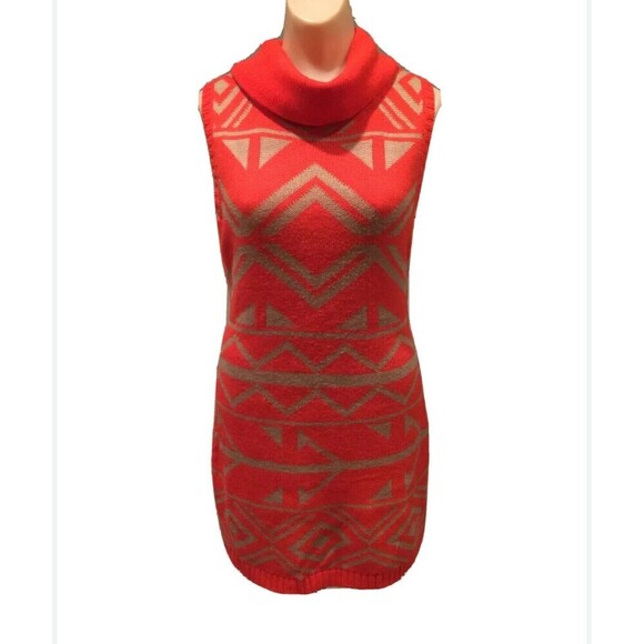 Mine Knit Sweater Dress Orange Beige Geometric Turtleneck Sleeveless Size L - Picture 1 of 4